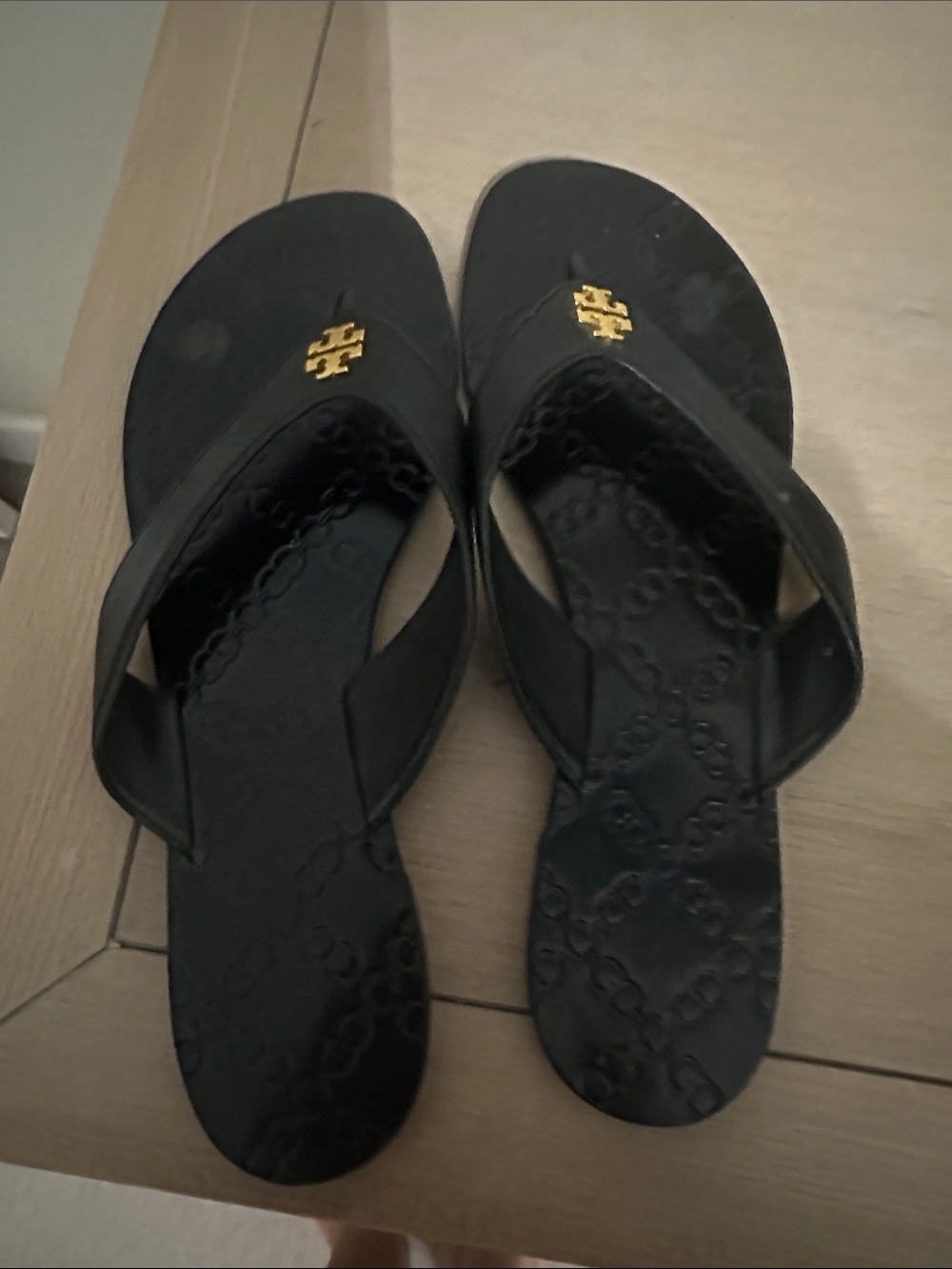 Tory Burch Black Flip Flop Sandals with Gold Logo